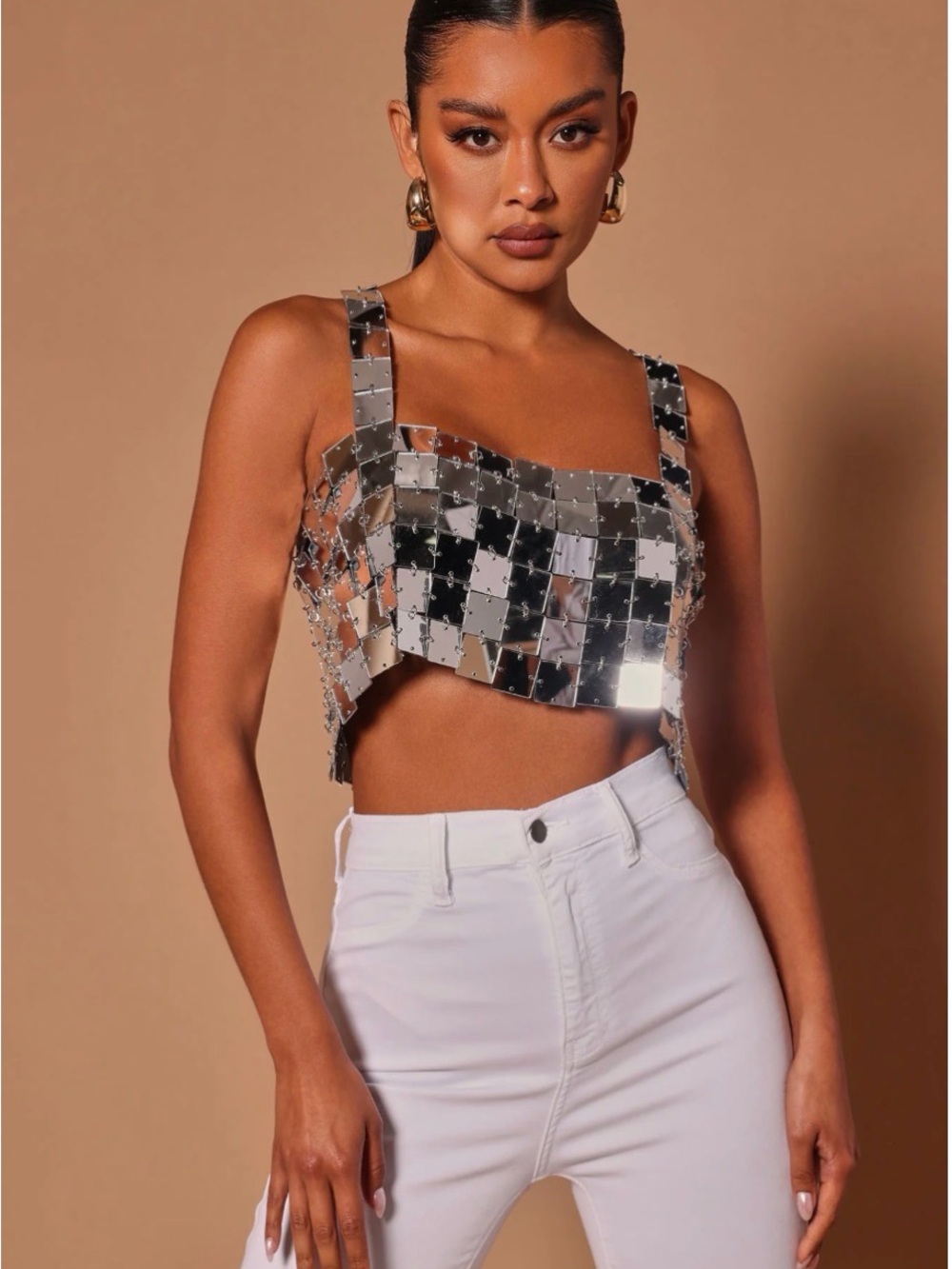 Fashion Nova Silver Mirror-Panel Cropped Tank